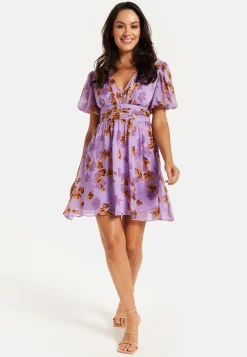 Women's Mini Dress in Purple Floral with Short Sleeves and Deep V Neck - Stylish Button Waistband by Liquorish