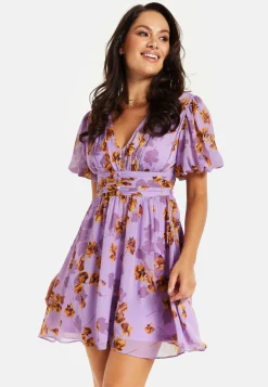 Women's Mini Dress in Purple Floral with Short Sleeves and Deep V Neck - Stylish Button Waistband by Liquorish