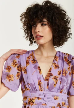 Women's Mini Dress in Purple Floral with Short Sleeves and Deep V Neck - Stylish Button Waistband by Liquorish