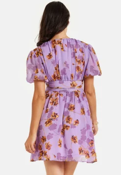 Women's Mini Dress in Purple Floral with Short Sleeves and Deep V Neck - Stylish Button Waistband by Liquorish