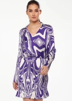 Women’s Mini Dress in Purple with Marble Print, V-Neck, Long Sleeves, Defined Waist, Frill Hem