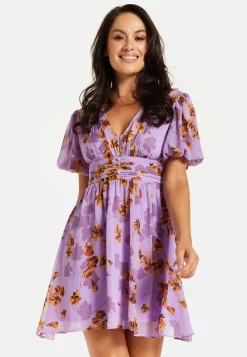 Women's Mini Dress in Purple Floral with Short Sleeves and Deep V Neck - Stylish Button Waistband by Liquorish