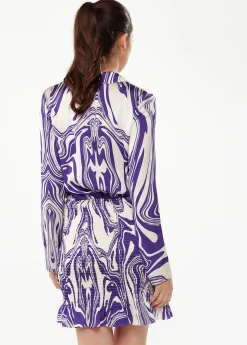 Women’s Mini Dress in Purple with Marble Print, V-Neck, Long Sleeves, Defined Waist, Frill Hem