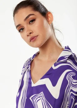 Women’s Mini Dress in Purple with Marble Print, V-Neck, Long Sleeves, Defined Waist, Frill Hem