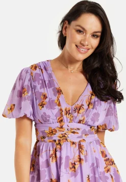 Women's Mini Dress in Purple Floral with Short Sleeves and Deep V Neck - Stylish Button Waistband by Liquorish