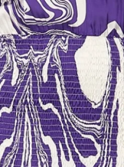 Women’s Mini Dress in Purple with Marble Print, V-Neck, Long Sleeves, Defined Waist, Frill Hem