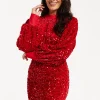 Women's Mini Dress in Red Velvet with Long Sleeves, High Neck, Open Back & Tie Detail - Liquorish