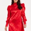 Women's Mini Dress in Red with High Neck, Puff Sleeves, and Check Jacquard Design - Liquorish