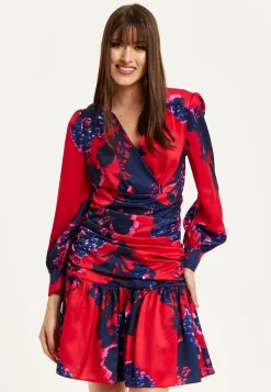 Women's Mini Dress in Red with Long Balloon Sleeves and Floral Print, Elegant Design by Liquorish