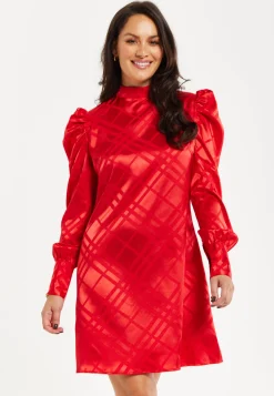 Women's Mini Dress in Red with High Neck, Puff Sleeves, and Check Jacquard Design - Liquorish