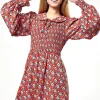 Women's Mini Dress in Red with Balloon Sleeves and Peter Pan Collar - Charming Floral Print by Liquorish