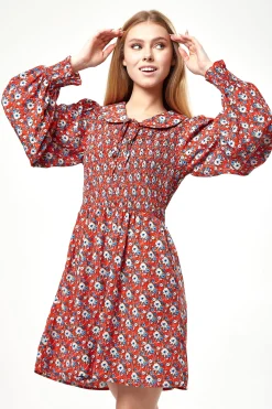 Women's Mini Dress in Red with Balloon Sleeves and Peter Pan Collar - Charming Floral Print by Liquorish