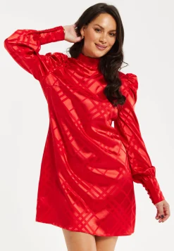 Women's Mini Dress in Red with High Neck, Puff Sleeves, and Check Jacquard Design - Liquorish