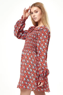 Women's Mini Dress in Red with Balloon Sleeves and Peter Pan Collar - Charming Floral Print by Liquorish