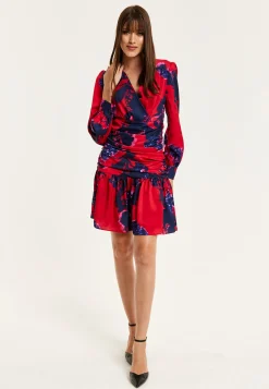 Women's Mini Dress in Red with Long Balloon Sleeves and Floral Print, Elegant Design by Liquorish
