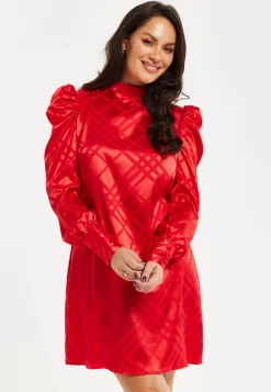 Women's Mini Dress in Red with High Neck, Puff Sleeves, and Check Jacquard Design - Liquorish