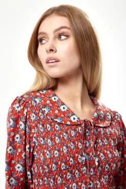 Women's Mini Dress in Red with Balloon Sleeves and Peter Pan Collar - Charming Floral Print by Liquorish