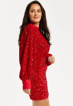 Women's Mini Dress in Red Velvet with Long Sleeves, High Neck, Open Back & Tie Detail - Liquorish