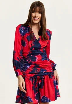 Women's Mini Dress in Red with Long Balloon Sleeves and Floral Print, Elegant Design by Liquorish