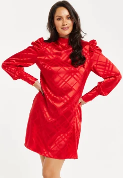 Women's Mini Dress in Red with High Neck, Puff Sleeves, and Check Jacquard Design - Liquorish