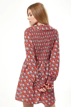 Women's Mini Dress in Red with Balloon Sleeves and Peter Pan Collar - Charming Floral Print by Liquorish