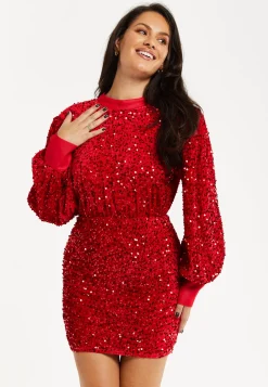 Women's Mini Dress in Red Velvet with Long Sleeves, High Neck, Open Back & Tie Detail - Liquorish