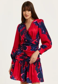 Women's Mini Dress in Red with Long Balloon Sleeves and Floral Print, Elegant Design by Liquorish