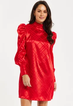 Women's Mini Dress in Red with High Neck, Puff Sleeves, and Check Jacquard Design - Liquorish