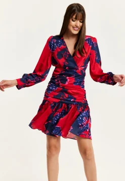 Women's Mini Dress in Red with Long Balloon Sleeves and Floral Print, Elegant Design by Liquorish