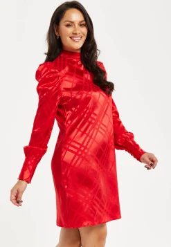 Women's Mini Dress in Red with High Neck, Puff Sleeves, and Check Jacquard Design - Liquorish