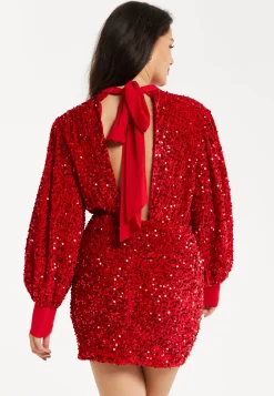 Women's Mini Dress in Red Velvet with Long Sleeves, High Neck, Open Back & Tie Detail - Liquorish