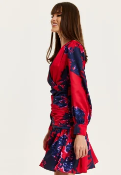 Women's Mini Dress in Red with Long Balloon Sleeves and Floral Print, Elegant Design by Liquorish