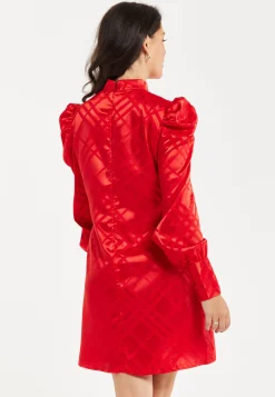 Women's Mini Dress in Red with High Neck, Puff Sleeves, and Check Jacquard Design - Liquorish