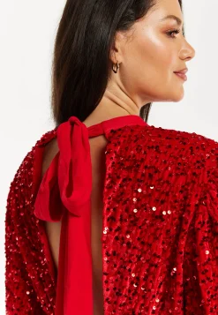 Women's Mini Dress in Red Velvet with Long Sleeves, High Neck, Open Back & Tie Detail - Liquorish