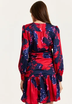 Women's Mini Dress in Red with Long Balloon Sleeves and Floral Print, Elegant Design by Liquorish