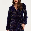 Women's Mini Dress in Royal Blue Velvet with Long Sleeves & Multicolour Sequin Wrap Style - Liquorish