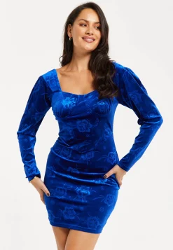 Women's Mini Dress in Royal Blue Velvet with Corset Detail, Long Sleeves & Floral Print by Liquorish