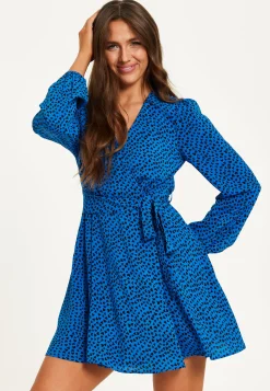 Women's Mini Dress in Royal Blue with Long Sleeves and Heart Print Wrap Design by Liquorish