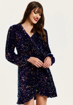 Women's Mini Dress in Royal Blue Velvet with Long Sleeves & Multicolour Sequin Wrap Style - Liquorish