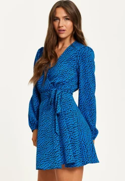 Women's Mini Dress in Royal Blue with Long Sleeves and Heart Print Wrap Design by Liquorish