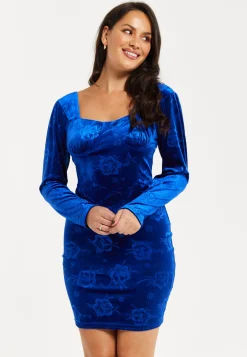 Women's Mini Dress in Royal Blue Velvet with Corset Detail, Long Sleeves & Floral Print by Liquorish