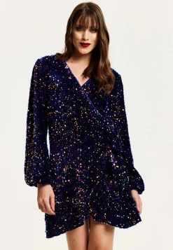 Women's Mini Dress in Royal Blue Velvet with Long Sleeves & Multicolour Sequin Wrap Style - Liquorish