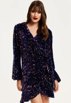 Women's Mini Dress in Royal Blue Velvet with Long Sleeves & Multicolour Sequin Wrap Style - Liquorish