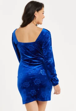 Women's Mini Dress in Royal Blue Velvet with Corset Detail, Long Sleeves & Floral Print by Liquorish