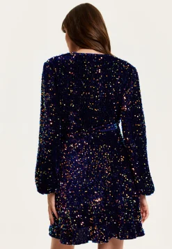 Women's Mini Dress in Royal Blue Velvet with Long Sleeves & Multicolour Sequin Wrap Style - Liquorish
