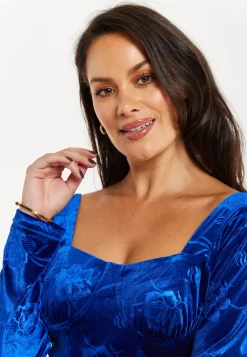Women's Mini Dress in Royal Blue Velvet with Corset Detail, Long Sleeves & Floral Print by Liquorish
