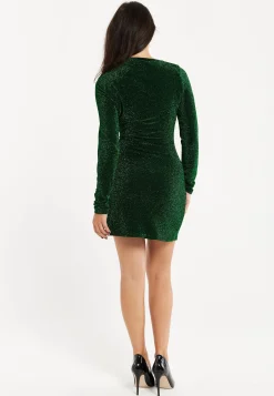 Women's Mini Dress in Sparkly Green with Long Sleeves and Asymmetric Neck Design - Liquorish