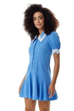 Women's Mini Dress in Turquoise with Short Sleeves and Lace Details - Fitted Style by Liquorish