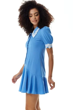 Women's Mini Dress in Turquoise with Short Sleeves and Lace Details - Fitted Style by Liquorish