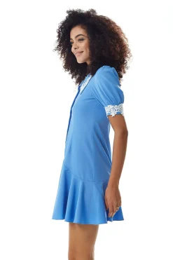 Women's Mini Dress in Turquoise with Short Sleeves and Lace Details - Fitted Style by Liquorish